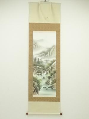 秀山筆　彩色山水　肉筆絹本掛軸（共箱）